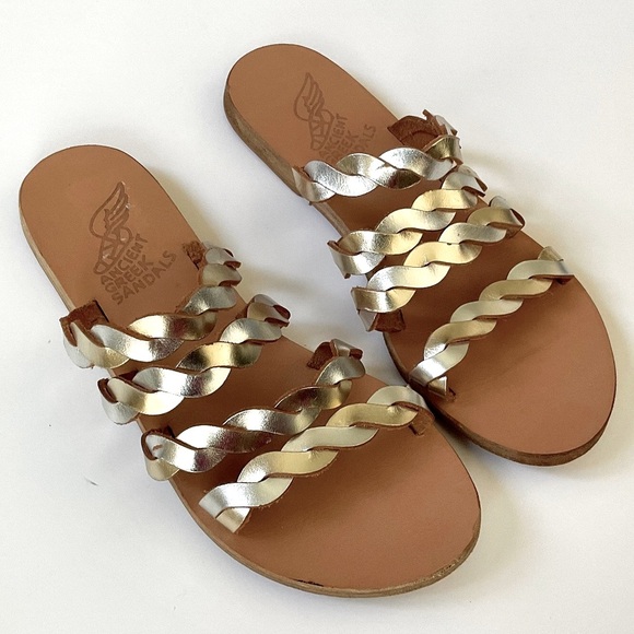 ANCIENT GREEK SANDALS Gold Silver Strap Flat Sandal Handmade Greece Size EU 37 - Picture 1 of 6
